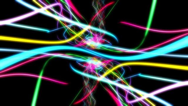 A colorful digital data stream abstract over a black background. Blurry reflection in the floor.