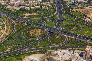 Aerial view of Hemmat and Sheikh Fazlollah Nuri Expressways crossing in Tehran, capital of Iran.