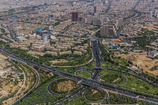 Aerial view of Hemmat and Sheikh Fazlollah Nuri Expressways crossing in Tehran, capital of Iran.
