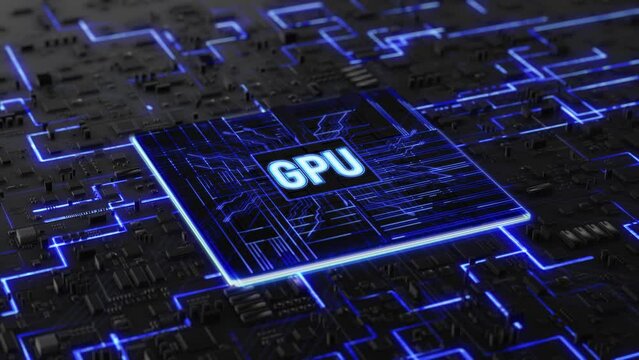 Graphic Processing Unit. Futuristic Animation Inside Computer Motherboard. GPU CPU Micro Processor With Neon Lights Artificial Intelligence Digitalization Of Neural Networking. Circuit Board.