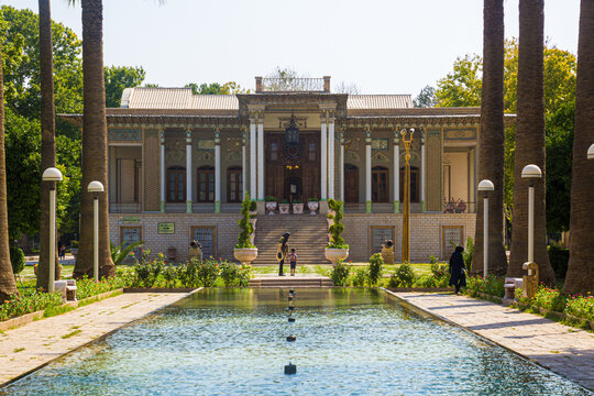 SHIRAZ, IRAN - JULY 6, 2019: Royal Palace in Afif-Abad (Gulshan) garden in Shiraz, Iran