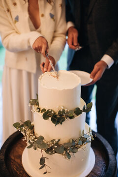 The bride and groom cut the cake at the wedding ceremony