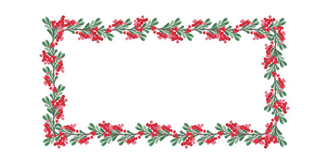 Botanical rectangular frame of branches with green leaves and red berries for the design of postcards, posters and other printed products. Isolated image on a white background.