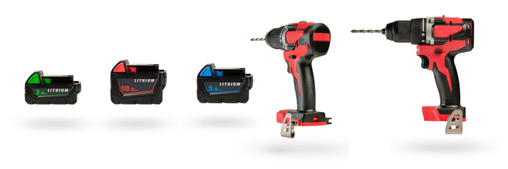 Batteries for cordless tools, a large set of tools from different angles. Batteries for a...