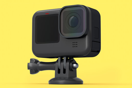 Photo and video lightweight black action camera with display on yellow