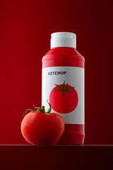 Composição de embalagem de ketchup com tomate isolados em fundo vermelho