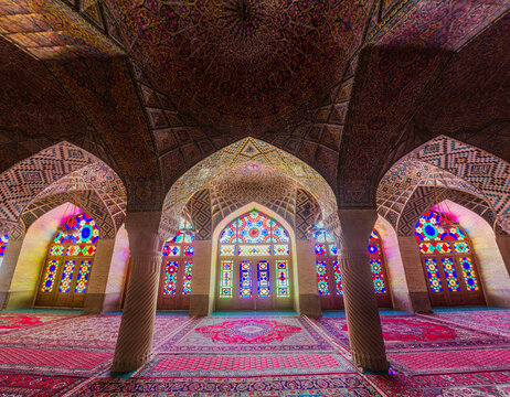 SHIRAZ, IRAN - JULY 8, 2019: Nasir al Mulk Mosque in Shiraz, Iran