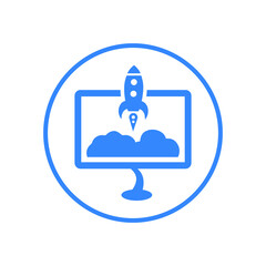 Launch project, project, start up icon. Blue vector sketch.