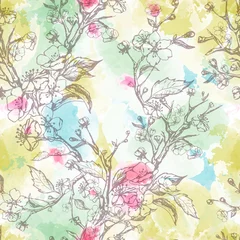 Foto op Canvas floral pattern, seamless ornament, color, bright, watercolor, spots, summer, color, bright, watercolor, spots, summer, Sakura, cherry, apricot flowers, tree branch in flowers and leaves, liner drawing © LypoVa