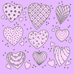 Pink hearts with patterns on a lilac background. Set of isolated hearts for Valentine's Day. Festive background. Collection of elements for holiday design and creative ideas.