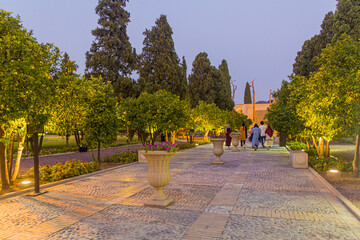 SHIRAZ, IRAN - JULY 8, 2019: Evening view of Jahan Nama garden in Shiraz, Iran