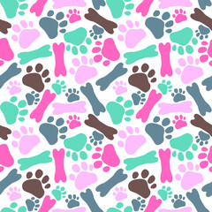 footprints of animal and bone, seamless pattern, color color paw prints of animal cat, dog and bone on white background, seamless pattern