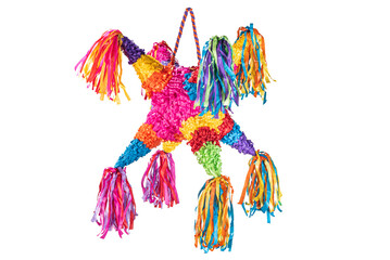 Colorful Mexican pinata used in birthdays and posadas isolated on white - obrazy, fototapety, plakaty