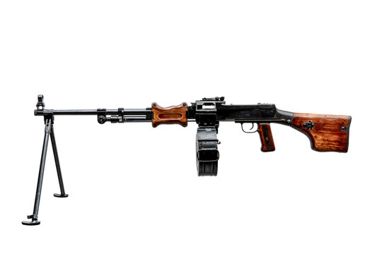 RPK machine gun with a wooden butt on the bipod. Weapons of the Soviet army. Isolate on a white back.