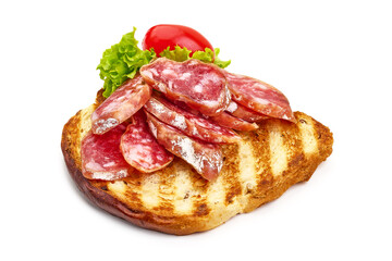 Fuet sausage sandwich, isolated on white background. High resolution image.