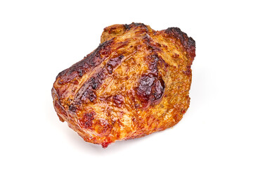 Roasted pork meat, Christmas baked spicy galzed meat, close-up, isolated on white background.