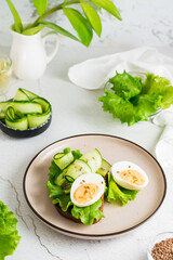 Appetizing bruschetta from rye bread, lettuce, cucumber, boiled egg and flax seeds on a plate on the table. Healthy eating on a diet. Vertical view