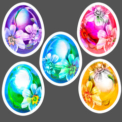 A set of Easter eggs. Watercolor drawings. Colorful stickers. Festive print. For religious Easter decoration.