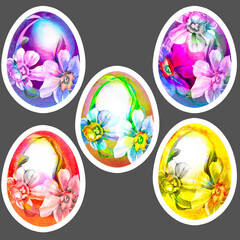 A set of Easter eggs. Watercolor drawings. Colorful stickers. Festive print. For religious Easter decoration.