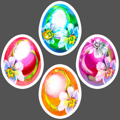 A set of Easter eggs. Watercolor drawings. Colorful stickers. Festive print. For religious Easter decoration.