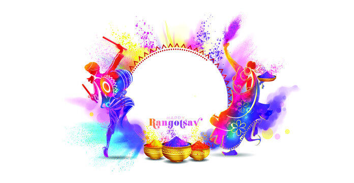 Holi festival fun banner poster template design with splash of colorful gulal background and pot.