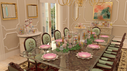 Celebratory Easter house decoration with Easter bunnies, Easter eggs.