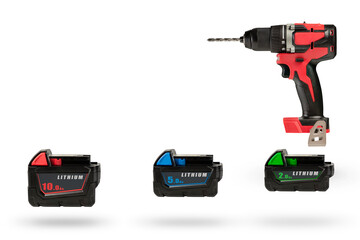 Batteries for cordless tools, a large set of tools from different angles. Batteries for a...
