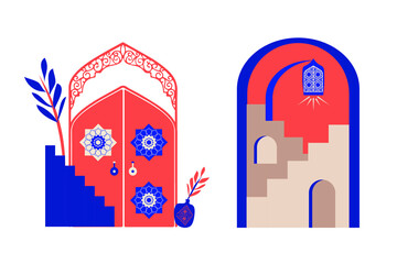 Modern and minimalist style. Moroccan scene. A Moroccan doors, windows and traditional craftsmanship. Terracotta background. Vector illustration.