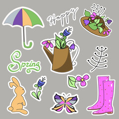 Naklejka premium Set of colorful spring stickers drawn by hand.