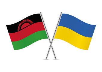 Malawi and Ukraine crossed flags. Malawian and Ukrainian flags, isolated on white background. Vector icon set. Vector illustration.