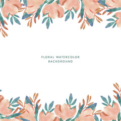 Borders on a white background of stylized pink flowers and green leaves and brown twigs with a watercolor texture. For wedding invitations, postcards, websites and other your design.