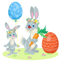 Happy Easter! Two fnny bunnies with a carrot, a big red egg and a blue balloon in hands. In cartoon style. Isolated on white background. Vector illustration.