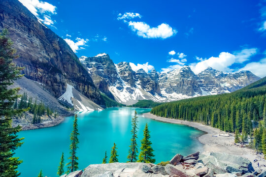 Famous Moraine lake in Banff National Park, Canadian Rockies, Canada. Sunny summer day with amazing blue sky. Majestic mountains in the background. Clear turquoise blue water.