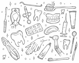 Dentist set including dentist tools and dental care tools. Vector hand drawn dental collection