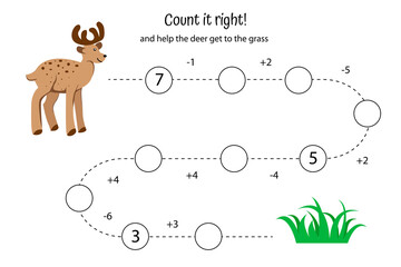 Math game for preschoolers. score is up to 10. Addition and subtraction worksheet. Help deer get to grass.