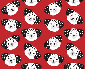 Vector seamless pattern of flat hand drawn Dalmatian dog face isolated on red background