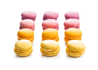 Sweet colorful macarons. Traditional french macaroons. Tasty dessert