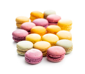 Sweet colorful macarons. Traditional french macaroons. Tasty dessert