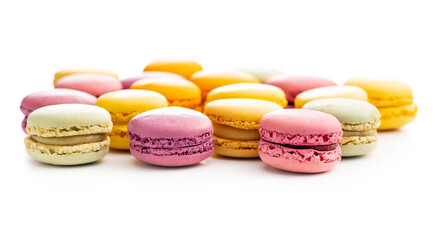 Sweet colorful macarons. Traditional french macaroons. Tasty dessert