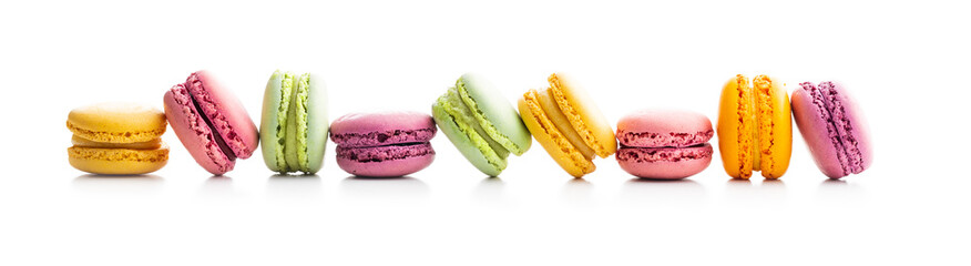 Sweet colorful macarons. Traditional french macaroons. Tasty dessert