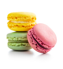 Sweet colorful macarons. Traditional french macaroons. Tasty dessert
