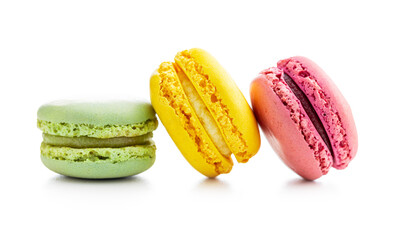 Sweet colorful macarons. Traditional french macaroons. Tasty dessert