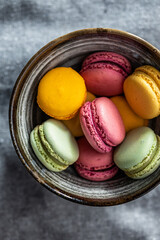 Sweet colorful macarons. Traditional french macaroons. Tasty dessert