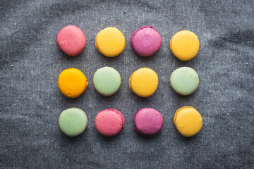 Sweet colorful macarons. Traditional french macaroons. Tasty dessert