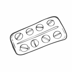 Vector sketch pills blister package isolated on white background. Hand drawn pills icon. Doodle medical illustration. For print, web, design, decor, logo.