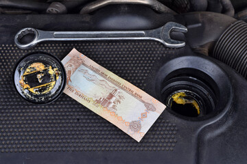United Arab Emirates dirhams money currency and the thick, greasy yellow motor oil under oil cap