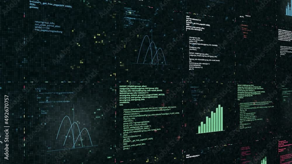 Poster black background. animation. bright graphics and various blue and green color schemes and programs t