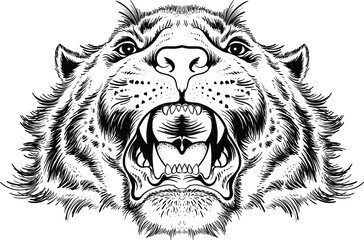 The Vector logo tiger for tattoo or T-shirt design or outwear.  Hunting style big cat print on black background. This hand drawing is for black fabric or canvas.
