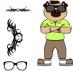 cool hipster pug dog character cartoon tribal tattoo set collection illustartion in vector format