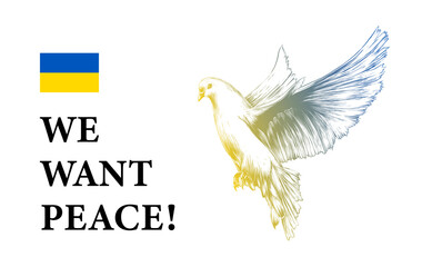 Vector banner with hand drawn unique pigeon gradient illustration, typography design element for decoration, prints and posters. We want peace with Ukrainian flag. No war, stop war concept.